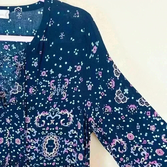 Altar’d State Navy/Pink Floral Long Sleeve Rayon Hippie 70’s Mini Dress Size L - Picture 6 of 14